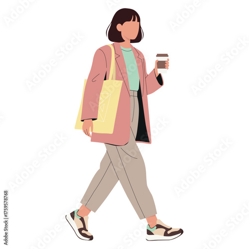 Canvastavla Modern Woman Walking with Coffee Cup Illustration