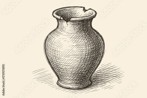 Rim illustration sketch rough chipped ceramic showing shadows depth hatching vase vector
