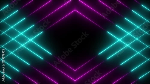 Glowing pink cyan neon lines moving diagonally to form a square at the center, smooth loop motion animation