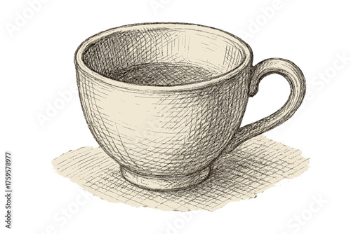 Hand vector sketch inside drawn handle detailed crosshatched illustration teacup under shading