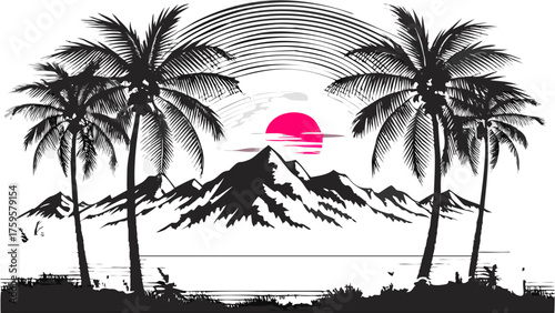 Tropical island getaway with palm trees and mountain views, a vibrant pink sun adds a touch of paradise, perfect for vacation vibes and travel dreams