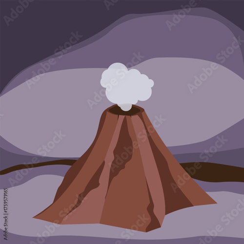 Dormant volcano on night landscape. Beginning of a volcanic eruption. Vector illustration of cloud of steam flowing from mountain crater. Simple cartoon design.