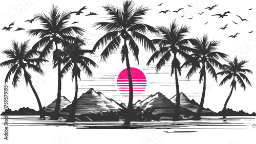 Vintage tropical island sunset scene with palm trees and birds, a retro vacation vibe, ideal for summer travel posters, t-shirt designs, or beach resort promotions