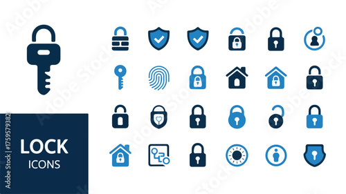 Minimalist blue security icons set featuring padlock, key, fingerprint, safe, shield, and encryption symbols on white background, modern vector style, lock and protection concept.