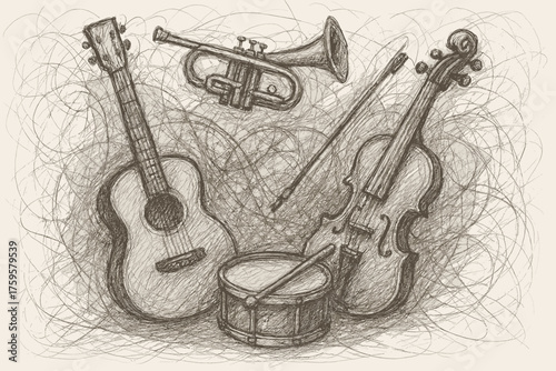 Tangled vector contours musical shading illustration scribbled sketch medley emphasizes messy