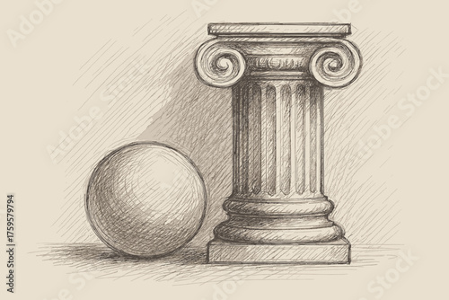 Drawing column vector sketch illustration sphere blended it strokes lines shaded