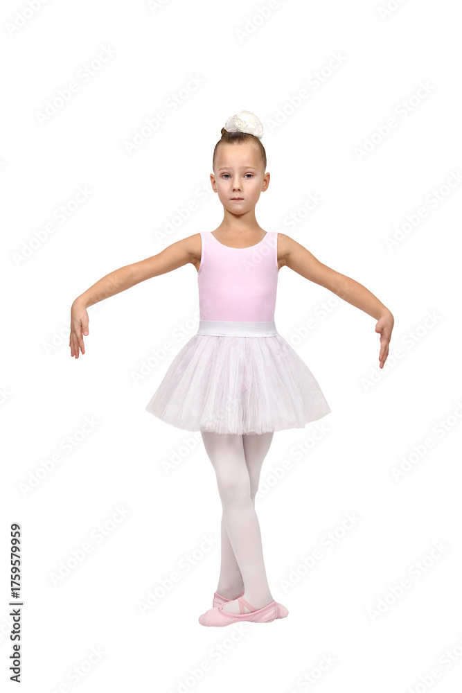 Fototapeta premium Little ballerina in classic pose wearing pink leotard and white tutu on white background.
