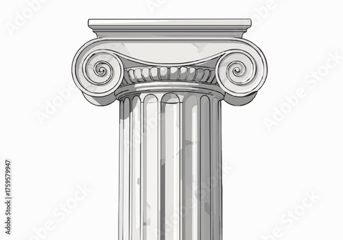 Monochrome architectural illustration of a classical Greek Ionic column capital.