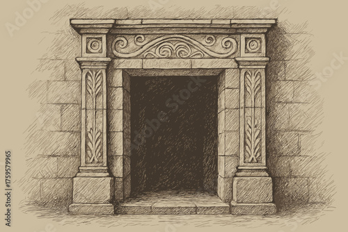 Volume etched carved strong stone doorway vector crosshatch illustration shading details