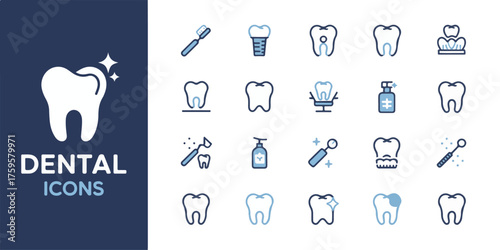 Minimalist dental icons set on white background with navy blue border, featuring tooth logo, toothbrush, toothpaste, implant, crown, floss, chair, mirror, and mouthwash in blue tones.