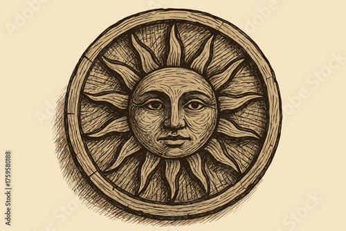 Highlight vector motif circular sun carved engraved recesses medallion wooden to illustration