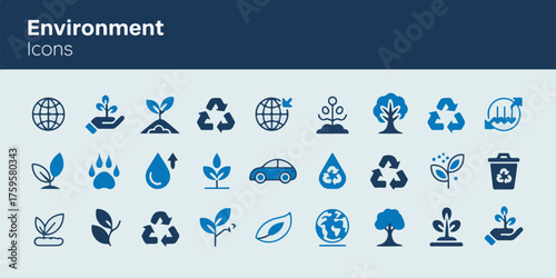 Minimalist eco icons set, blue sustainability symbols, clean line environmental vector pack, recycle nature energy earth leaf tree globe water eco-friendly illustration on white background.