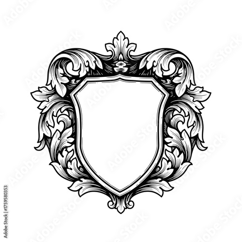 A coat of arms crest heraldic medieval knight or royal family shield. Vintage motif with filigree leaf heraldry.
