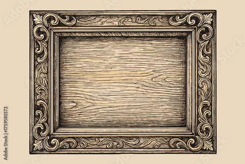 Vector illustration carved wooden ornate frame picture depth drawing shading