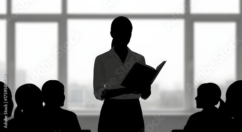 Educational silhouette of woman teacher addressing class, book in hand, subtle background window detail.