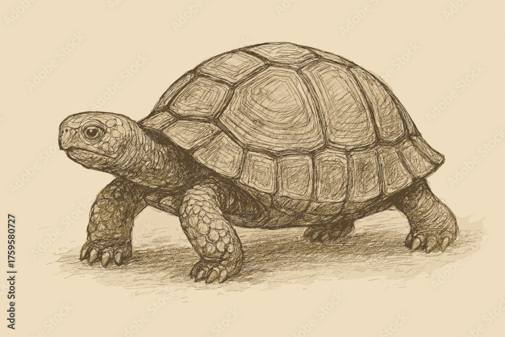 Fototapeta premium Slowly sketch naturalistic walking muted strokes detailed vector illustration turtle