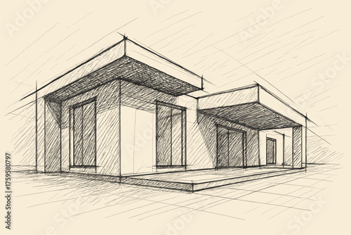 Vector perspective draft modern sketched shadows house straight architectural illustration walls lines