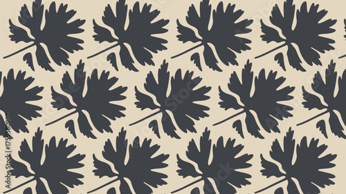 Elegant botanical pattern featuring stylized leaves in a rich, dark hue against a soft beige backdrop creating a modern, sophisticated visual texture