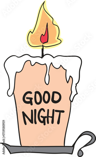 Good night, candle, warm glow, cozy atmosphere, hand-drawn illustration, simple line art, textured background
