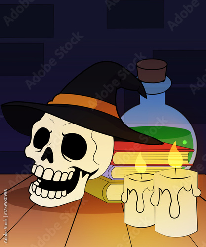 Halloween Magic Spells Table with Skull, Books, and Glowing Candles