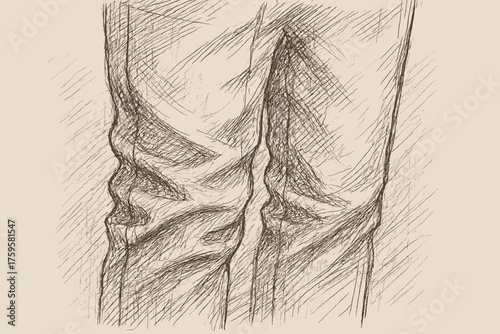 Volume folds shadows area vector lines knee trousers sketch wrinkling illustration clothing