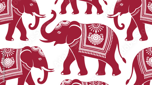 Elegant ruby red elephants parade with intricate patterns, bringing exotic flair to your design, perfect for textiles, wallpaper, and stylish backgrounds