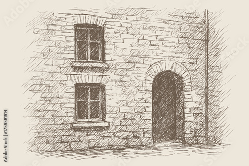 Rough strokes building imperfect vector textured illustration wall brick gestural old sketch