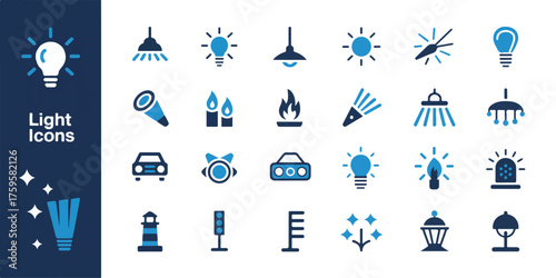 Various blue light icons set on white background, 24 modern lamps, bulb, lamp, sun, flame, laser, neon, led, chandelier, lantern, traffic light, spotlight, vector illustration.