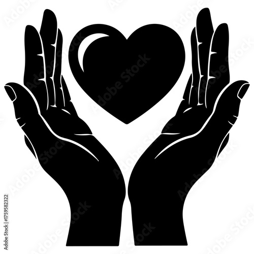Hands Cupping Heart Icon - Love, Care, and Protection Symbol, Vector Illustration of Donation, Charity, and Health Support, non-profit organizations, medical care, emotional wellness, and humanitarian