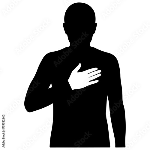 Person with Hand on Heart Silhouette Icon - Honesty and Pledge Concept, Vector Symbol of Oath, Allegiance, and Sincerity, honesty, loyalty, sincerity, patriotism, and trust, ethics, and commitment.