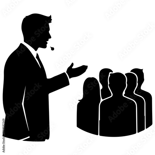 Executive Explaining Ideas to Team and Staff Black Icon, 
 Corporate Communication, Coaching, and Workshop Concept Graphic, addressing a semi-circular group of people or an audience.