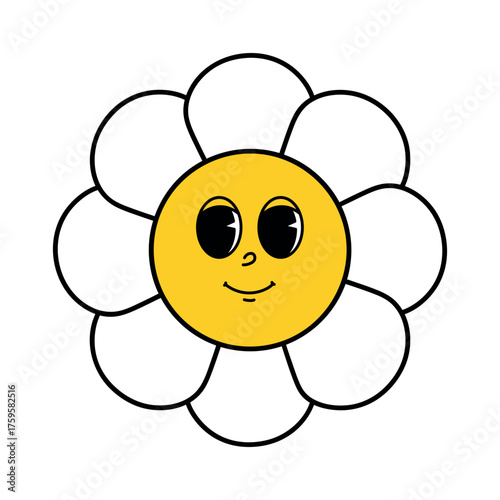 Retro flower with rounded white petals and a yellow smiling face featuring large eyes and a sweet expression in a groovy 70s style