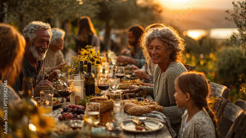 Joyful family gathering outdoors at sunset, featuring long table filled with food, wine, and flowers. People of various ages are enjoying meal together, creating warm and festive atmosphere