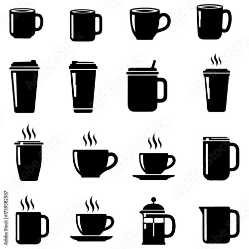 Coffee and Tea Cup Black Vector Icon Set - Diverse Mugs, Tumblers, and French Press Silhouettes, design projects related to cafe, coffee, tea, kitchenware, beverages, breaks, and office culture.