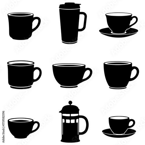 Collection of Hot Beverage Containers and Cafe Icons - Mugs, Teacups, and Travel Tumbler Graphics, cafe, coffee, tea, kitchenware, restaurant, breaks, office, and beverage themes.