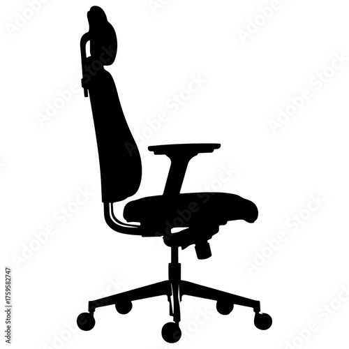 Ergonomic Office Chair Black Silhouette - High-Back Task Chair with Headrest and Wheels, Ideal for themes of business, comfort, workplace, home office, posture, and furniture design.