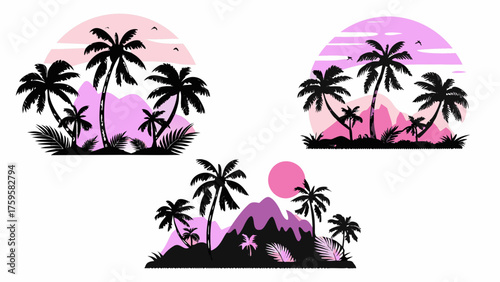 Tropical paradise awaits with these stunning palm tree silhouettes against pink skies, perfect for vacation vibes and vibrant designs, originally from a vector graphic