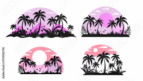 Dreamy tropical island getaways with palm trees at sunset, perfect for vacation vibes or branding, originally a scalable graphic
