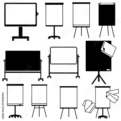 Blank Presentation and Teaching Boards Set - Diverse Whiteboard, Flipchart, and Digital Screen Icons, Collection of Office and Classroom Presentation Tools,  business, education, and office-related.