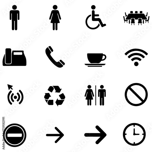 Universal Public and Office Signage Black Vector Icon Set - Restroom, Meeting, and Communication Symbols, wayfinding, business, public spaces, communication, and interface design.