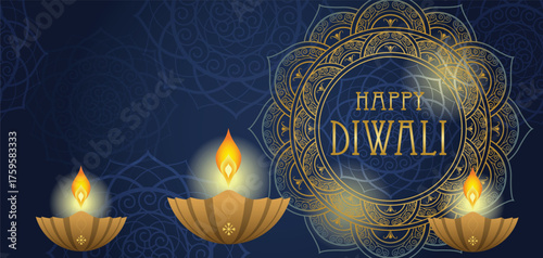Diwali holiday celebration, golden mandala pattern, illuminated oil lamps, dark blue background, shiny golden text, ornate floral decorations, ethereal lighting, intricate geometric designs, festival 