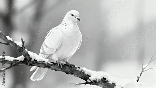Modern digital illustration of a white dove on a snowy branch, minimalist background, soft focus, serene composition. Elegant winter aesthetic, suitable for seasonal, editorial, and commercial project