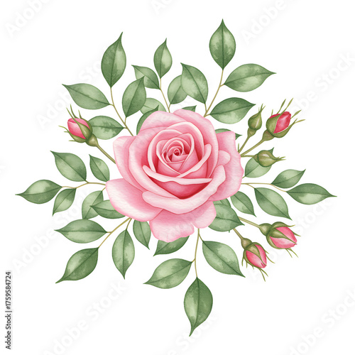 Watercolor Pink Rose Floral Arrangement With Green Leaves On Transparent Background