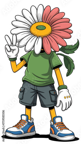 A stylized cartoon character with a large daisy
flower head wearing a green t-shirt and gray cargo shorts
