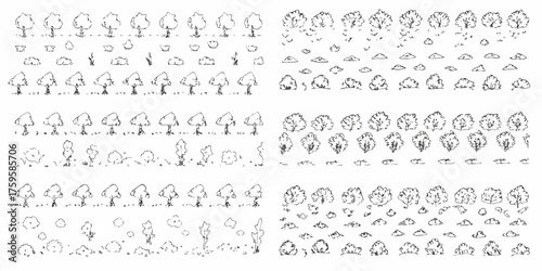 Collection of hand drawn sketchy trees and bushes in various styles and sizes for architectural design and illustration