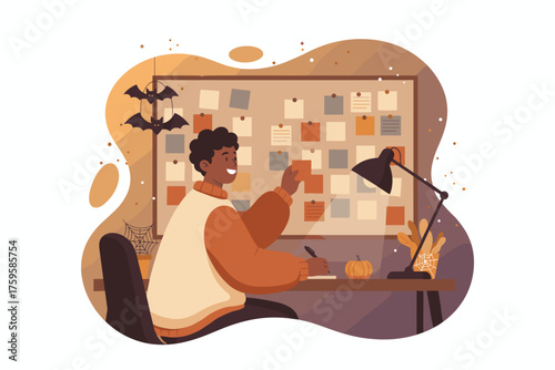Happy person organizing tasks on a bulletin board in a cozy Halloweenthemed workspace