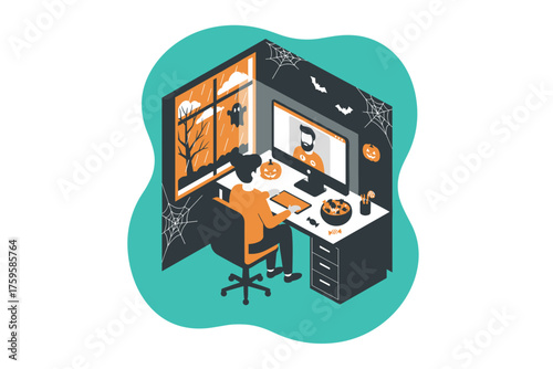 Remote work on Halloween person on video call amidst spooky decorations and candy