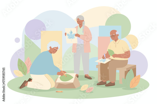 Senior friends enjoy an outdoor art activity creating leaf rubbings together Happy aging community