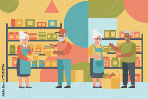 Senior people volunteering at a food bank offering and receiving aid illustrating community support