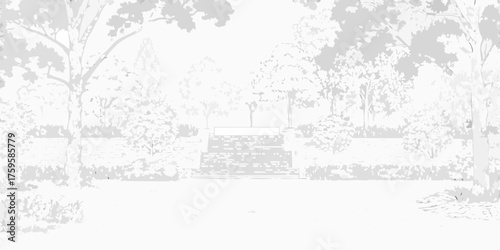 Serene garden landscape with stone steps leading to a tranquil clearing surrounded by trees and foliage